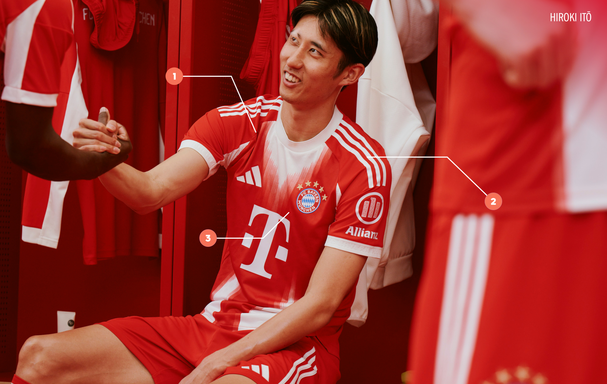 Ein junger Mann in einem rot-weißen Fußballtrikot mit der Nummer 7, sitzend in einer Umkleidekabine mit roten Schränken.