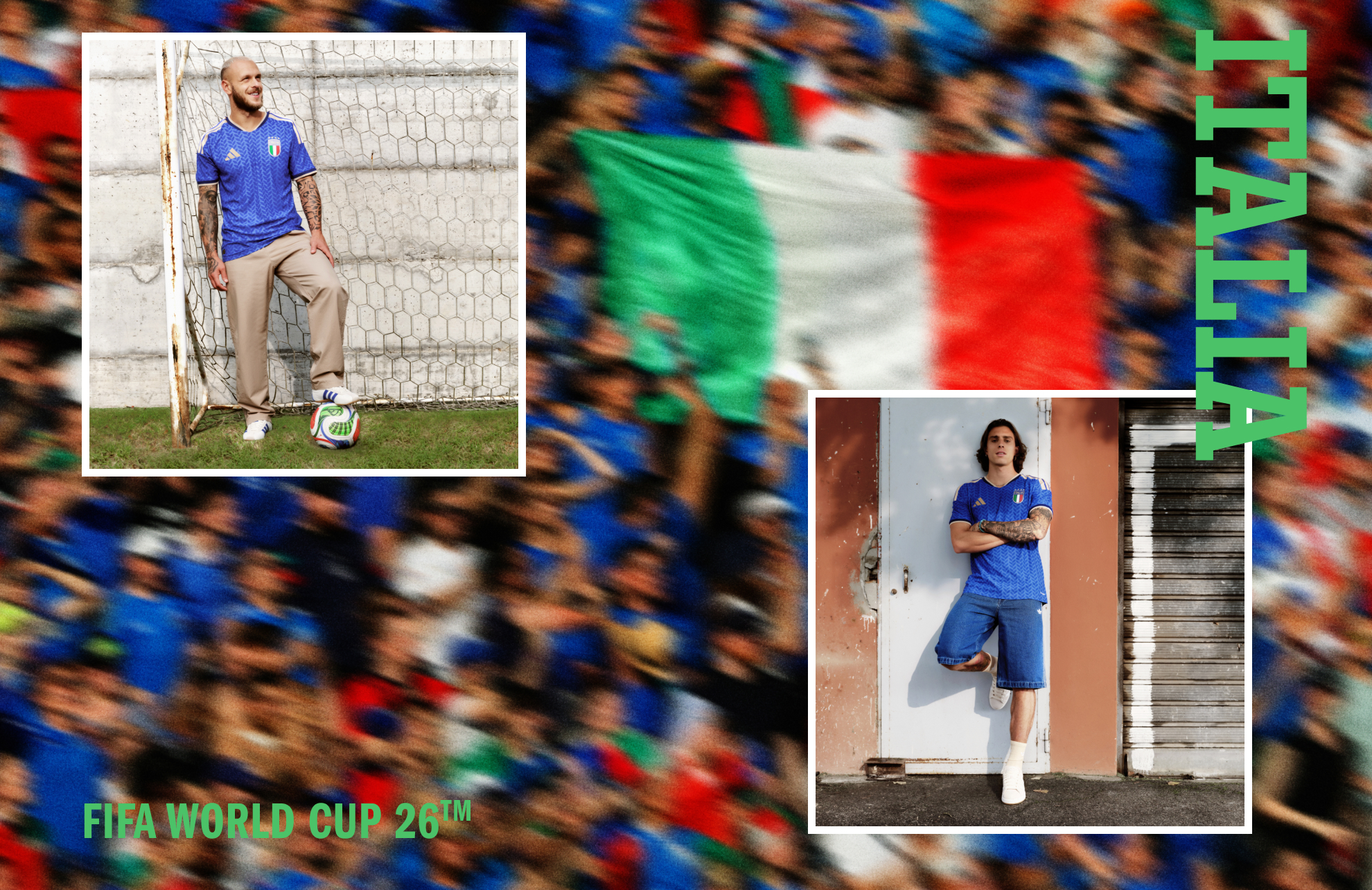 Visuelle Komposition mit Riccardo Calafiori im Italien FIFA World Cup 26™ Heimtrikot