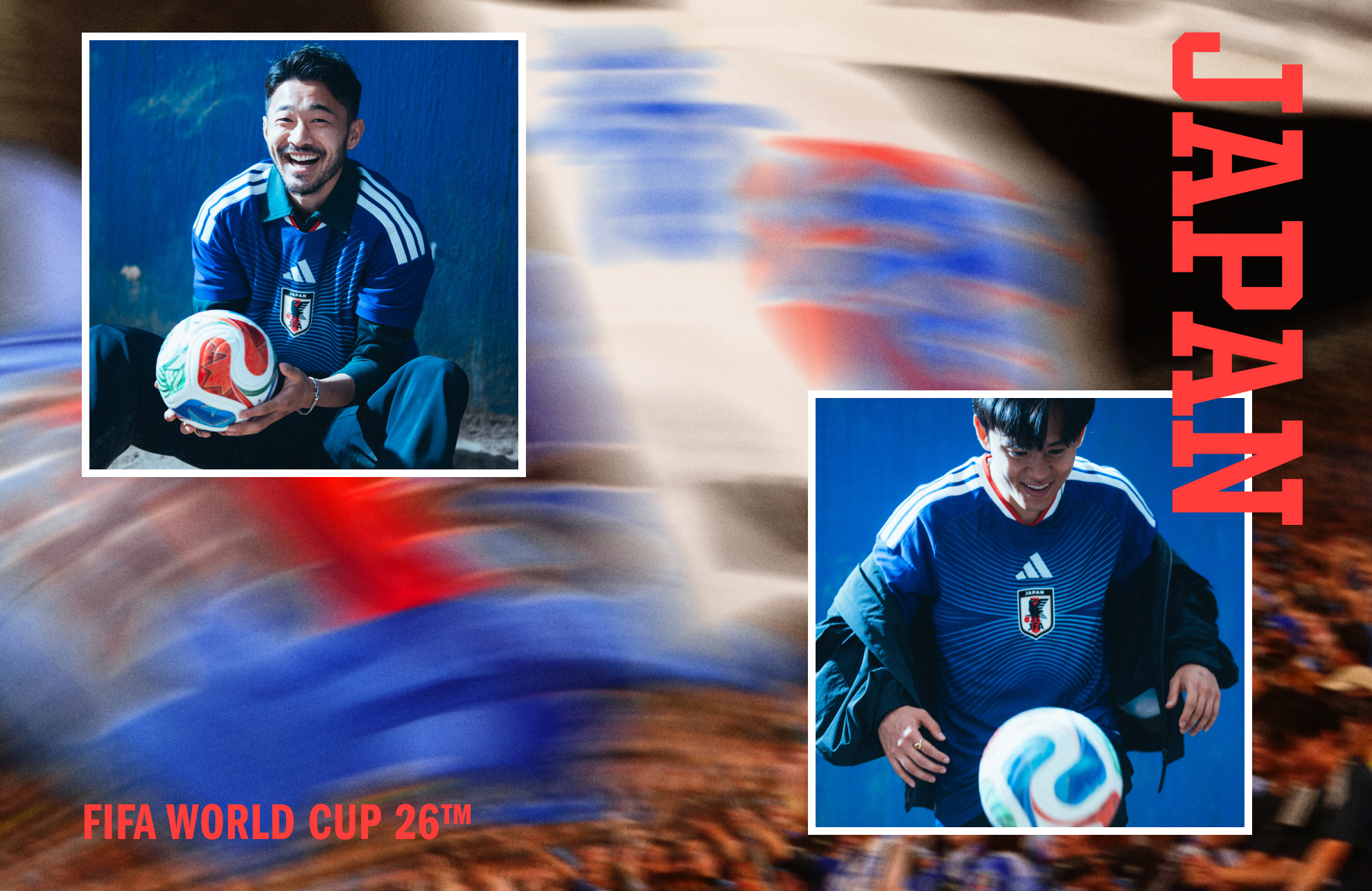 Visuelle Komposition mit Takefusa Kubo im Japan FIFA World Cup 26™ Heimtrikot